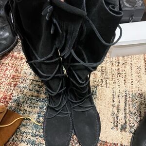 Black Mid-Calf Slouchy Boots with Lace-Up Design